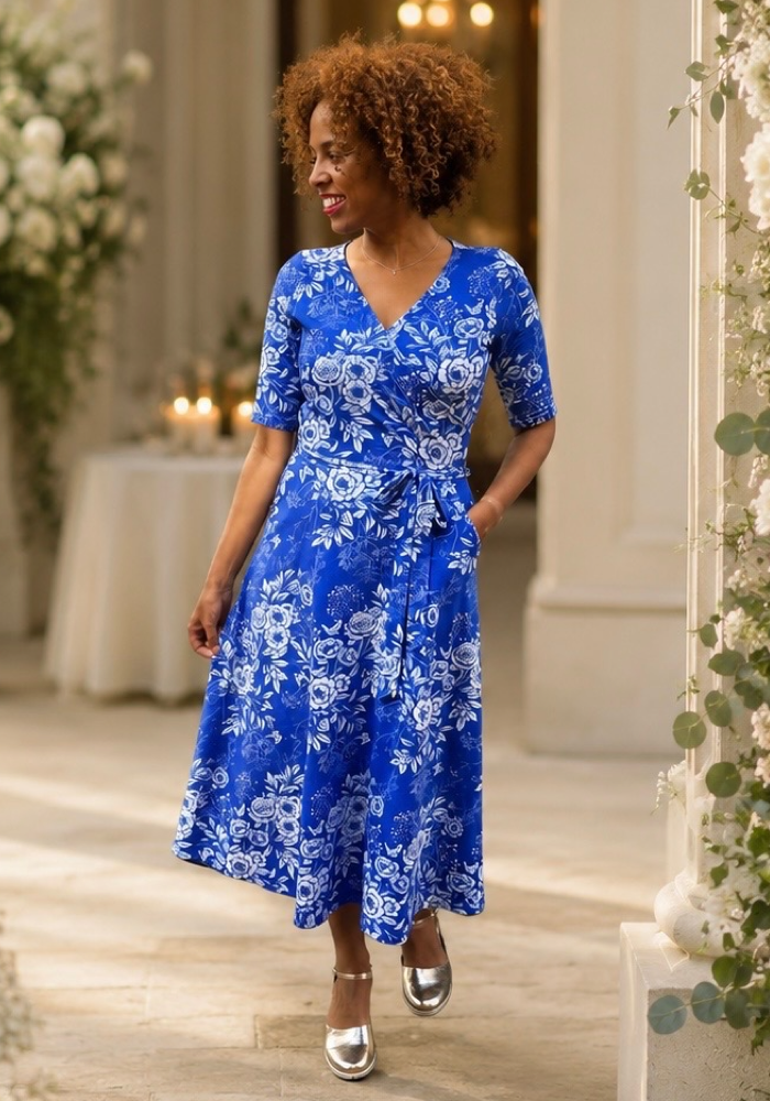 Letticia Blue & White Floral Print Cotton Midi Dress