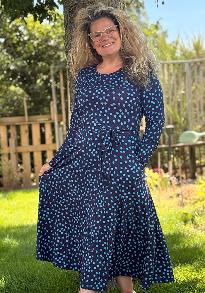 Bailee Navy & Teal Polka Dot Viscose Midi Dress I Popsy Clothing
