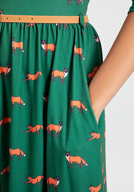 green fox dress RUN AND FLY Fox Face Print Forest Green Dress Vtg Style 8 10 12 14 16 18 20  BNWT – Minimum Mouse main image 1