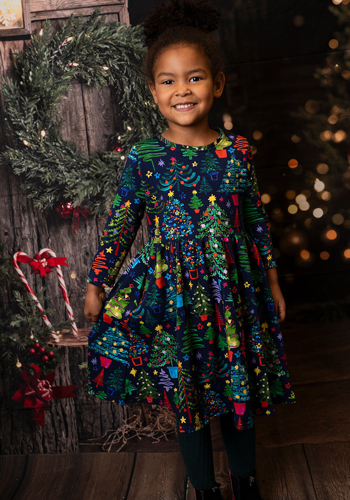 Children's Christmas Tree Print Dress (Spruce)