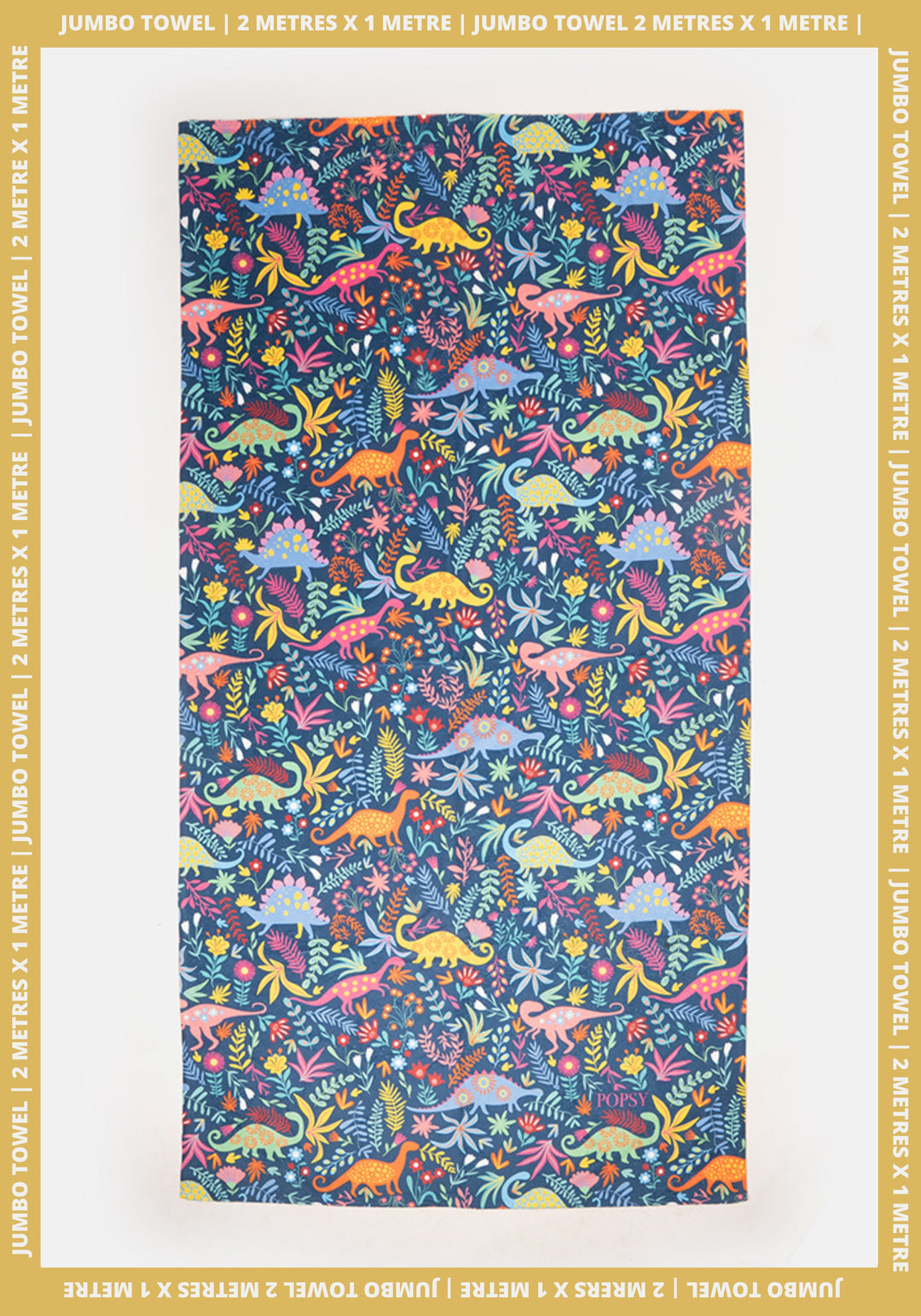 Front view of Dinosaur Blue Print Jumbo Bath Sheet