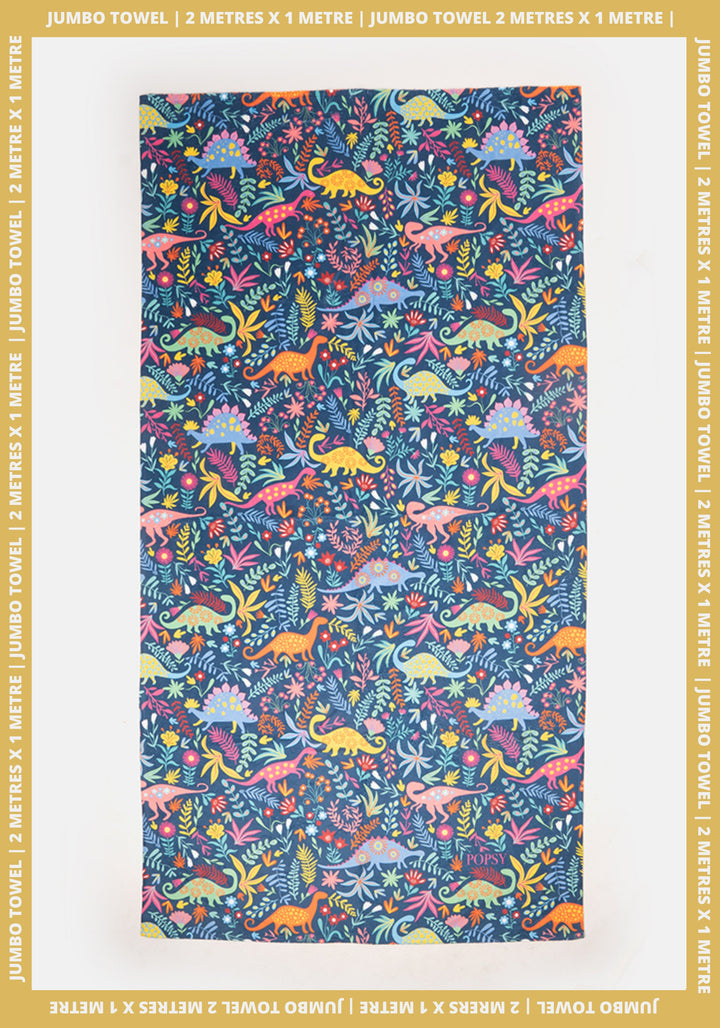 Front view of Dinosaur Blue Print Jumbo Bath Sheet