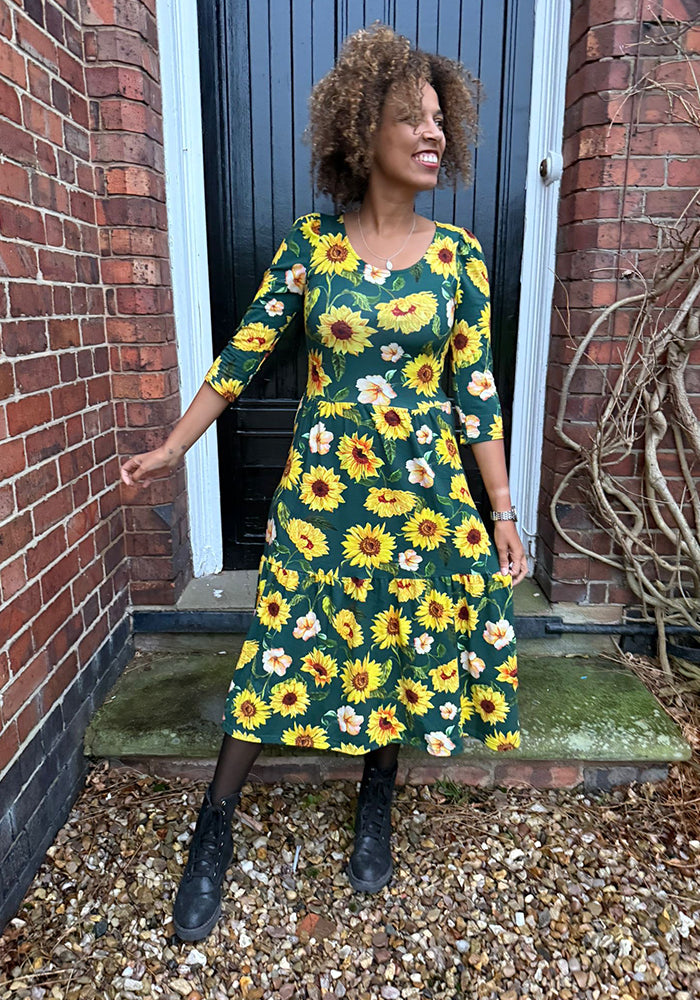 Third angle of Jemima Green Sunflower Print Cotton Midi Dress