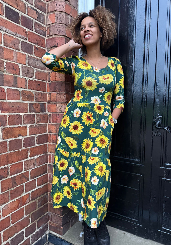 Front view of Jemima Green Sunflower Print Cotton Midi Dress