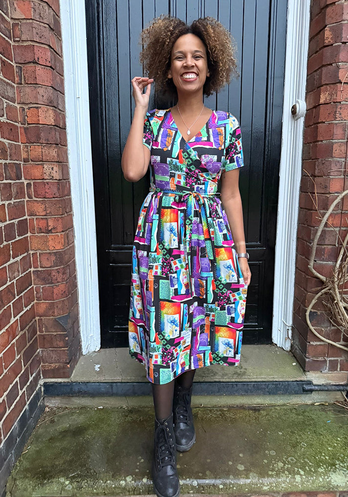 Front view of Cadell Journal Scrap Book Print Midi Dress