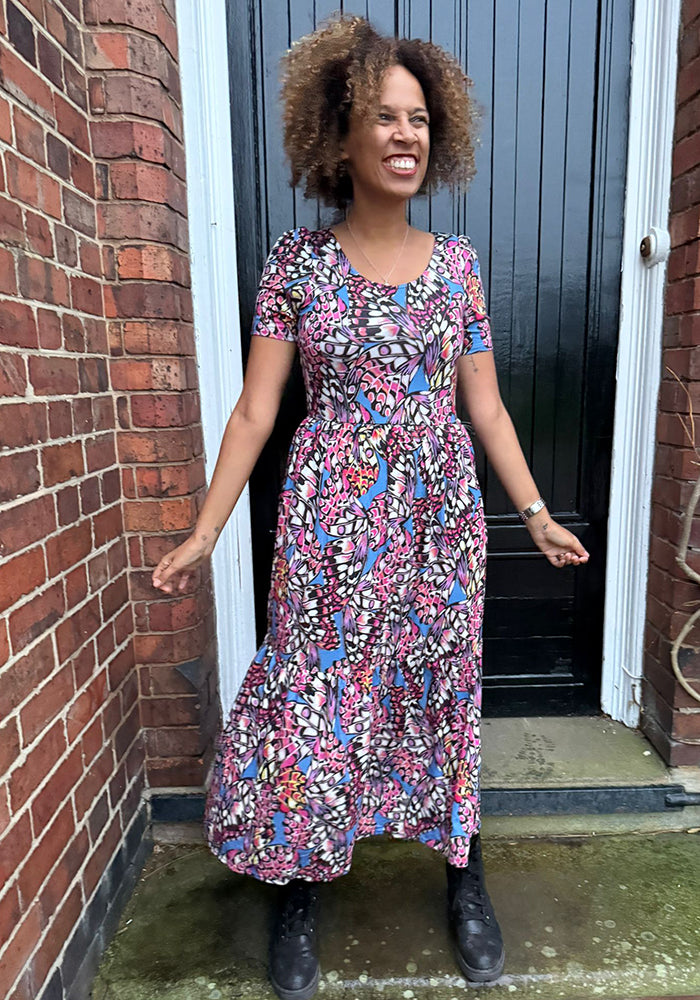 Front view of Lennyn Butterfly Wing Print Tiered Hem Viscose Midaxi Dress