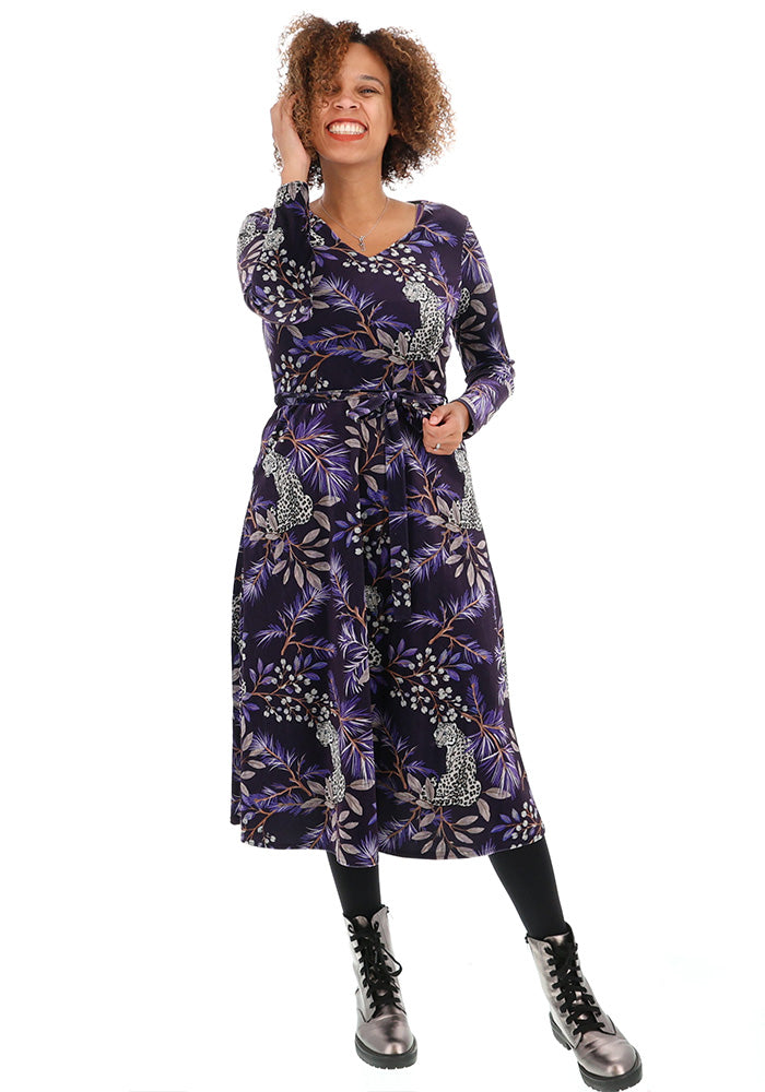 Allana Purple Snow Leopard Print Midi Dress