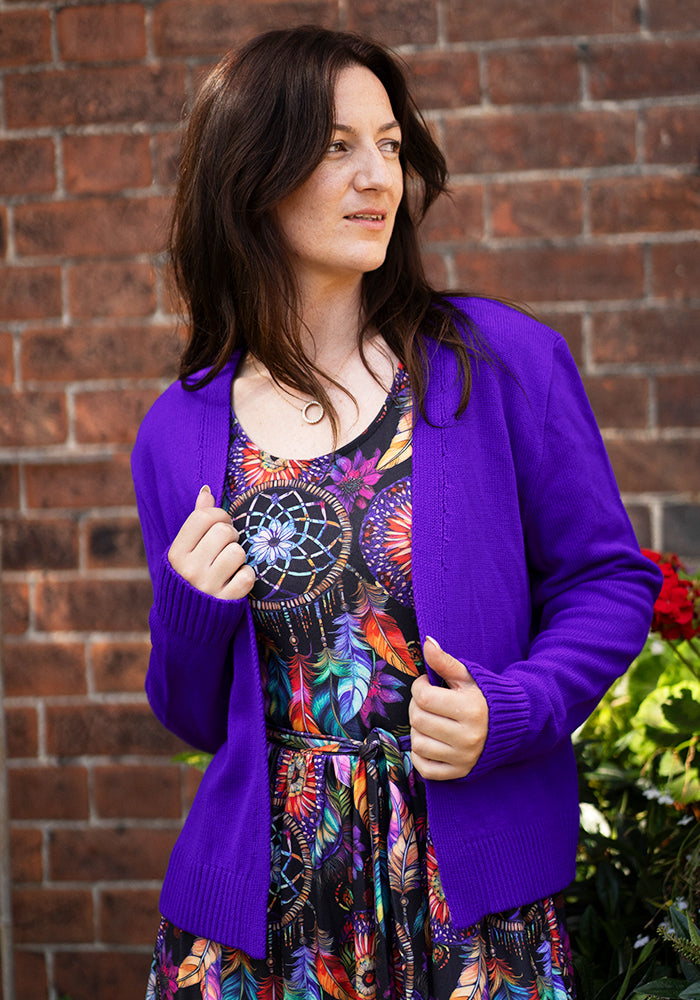 Front view of Bright Purple Ribbed Cuff Knit Cardigan