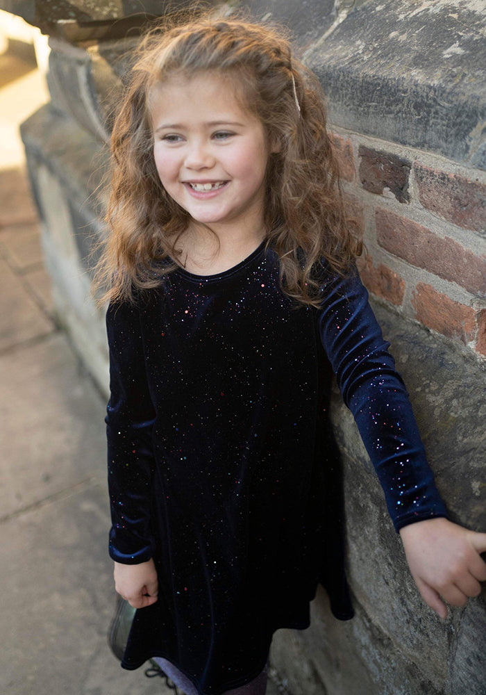 Children's Navy & Multicoloured Sparkle Velvet Dress (Beth)