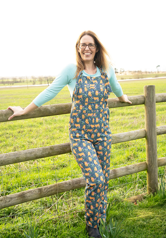 Third angle of Jordan Highland Cow Print Textured Crepe Dungaree