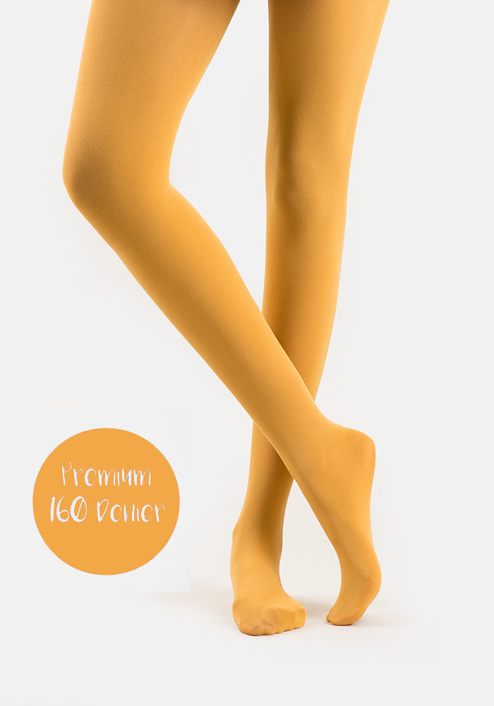Front view of 160 Denier Opaque Premium Tights (Mustard), enjoy all-day comfort with our warm Mustard 160 denier tights.