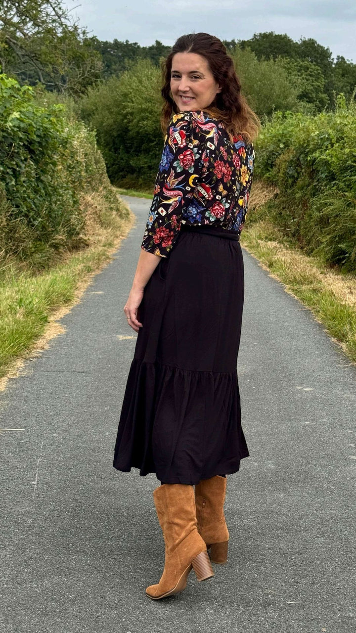 Seventh angle of Bina Black Tiered Hem Viscose Midi Skirt