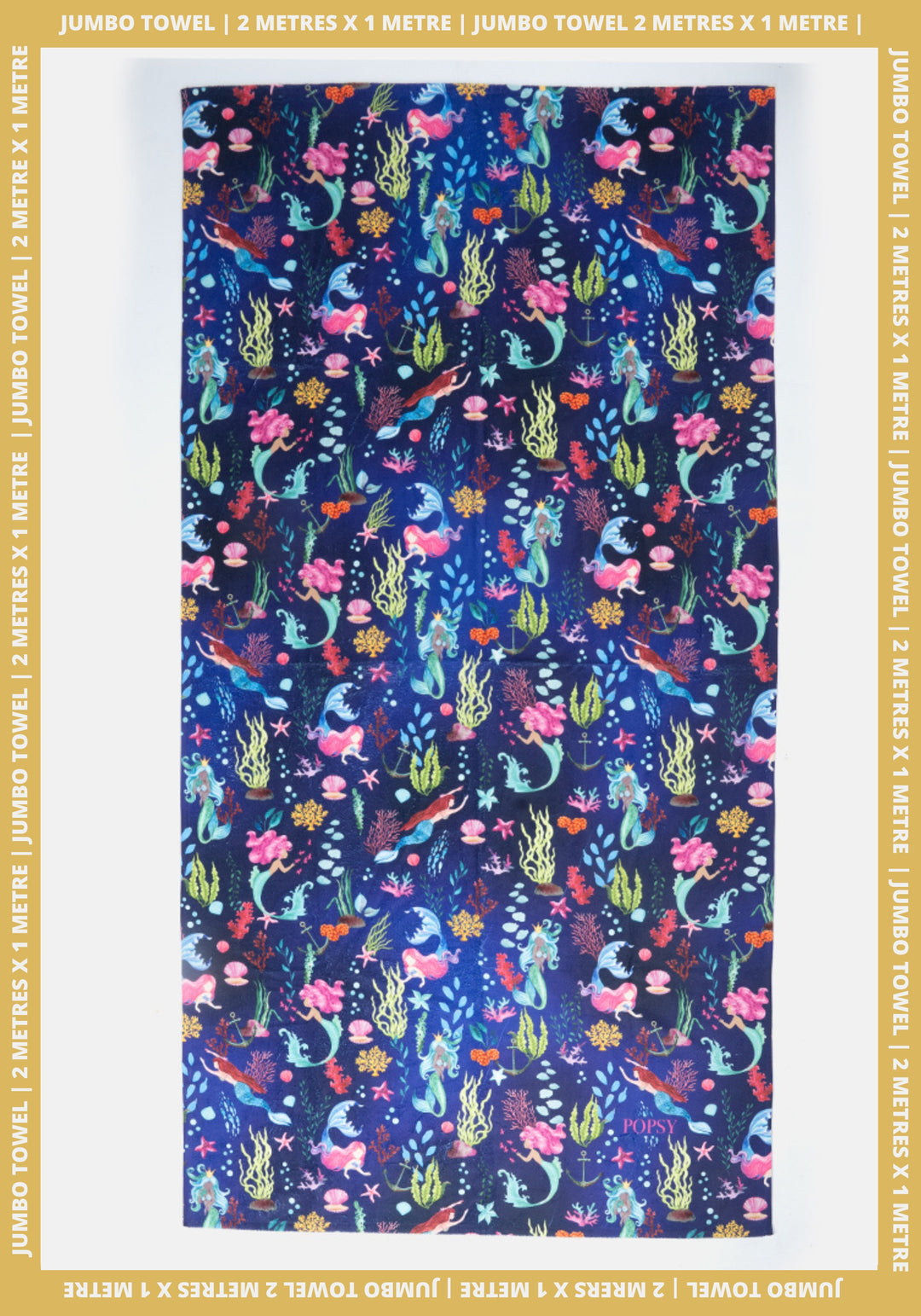Front view of Navy Mermaid Print Jumbo Bath Sheet