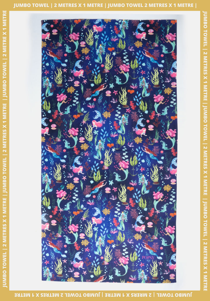Front view of Navy Mermaid Print Jumbo Bath Sheet