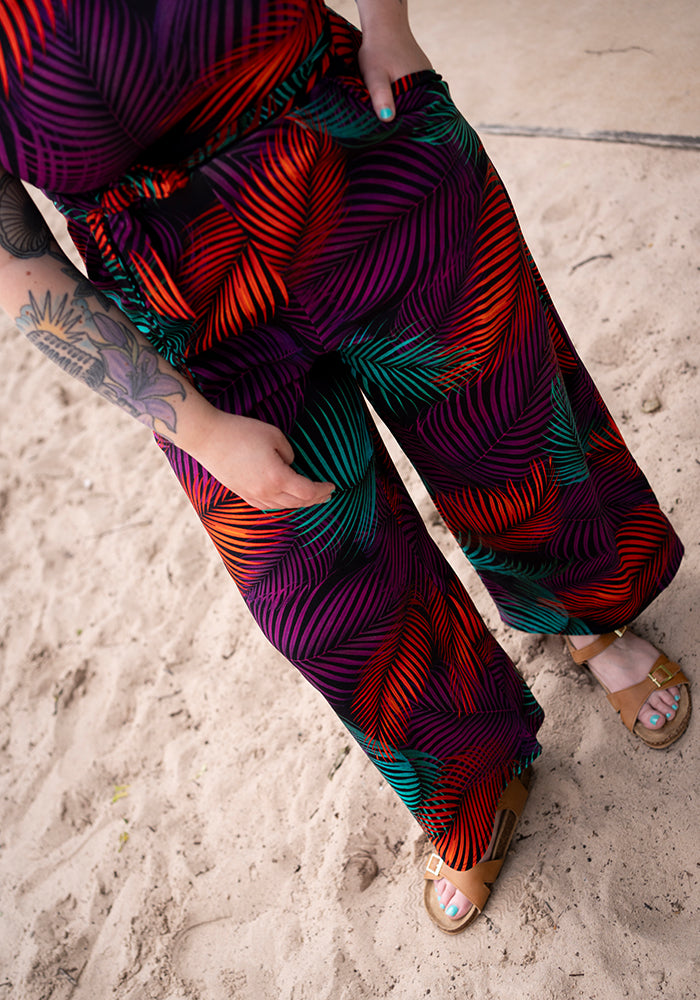 Tane Tropical Palms Print Culotte Leg Cotton Jumpsuit