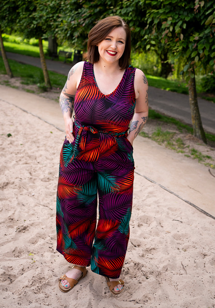 Tane Tropical Palms Print Culotte Leg Cotton Jumpsuit