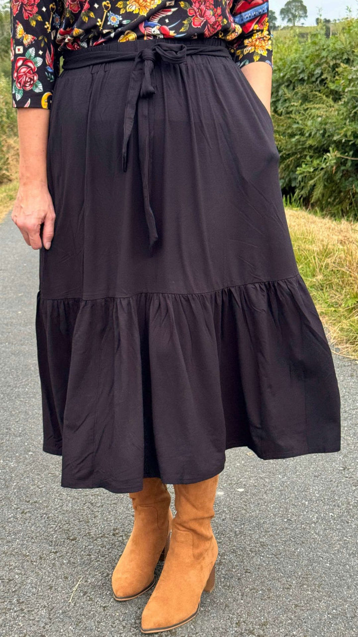 Eighth angle of Bina Black Tiered Hem Viscose Midi Skirt