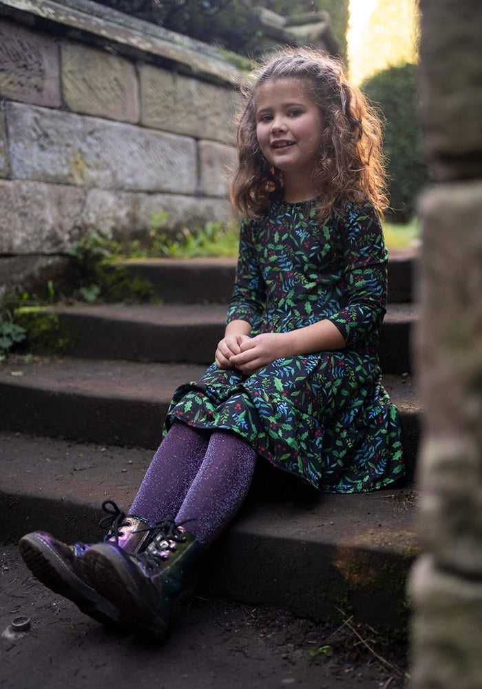 Children's Holly Print Dress (Evergreen)