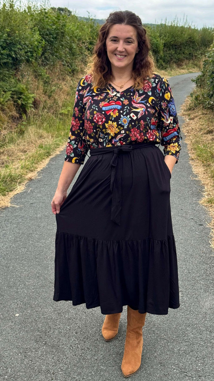 Bina Black Tiered Hem Viscose Midi Skirt