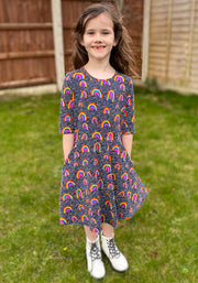 Children's Navy Rainbow Print Cotton Dress (Maeve)