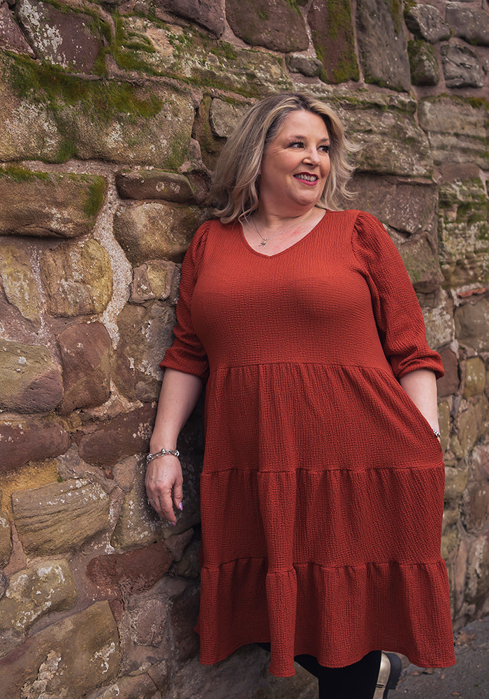 Fifth angle of Hattie Rust Tiered Hem Dress