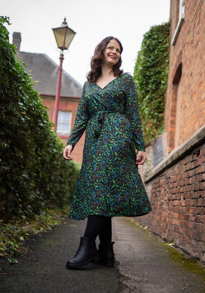 Evergreen Holly Print Midi Dress