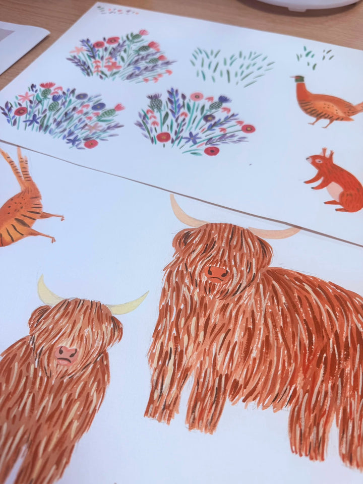 Ansley Highland Cow &amp; Red Grouse Print Cotton Dress