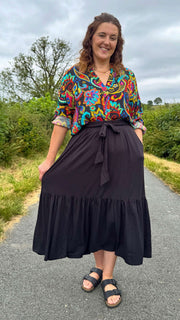 Bina Black Tiered Hem Viscose Midi Skirt