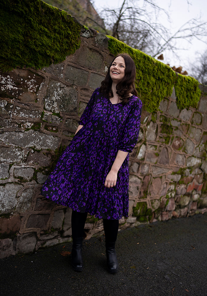 Lizzie-Kate Purple Animal Print Tiered Hem Dress