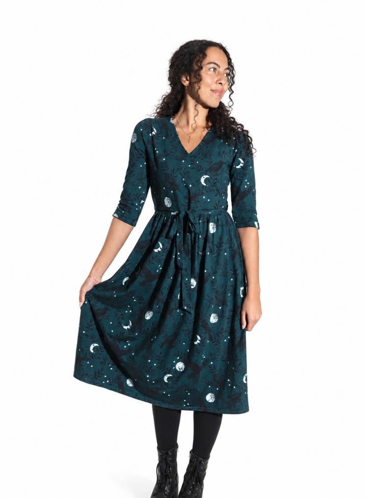 Enid Teal Raven Print Midi Cotton Dress