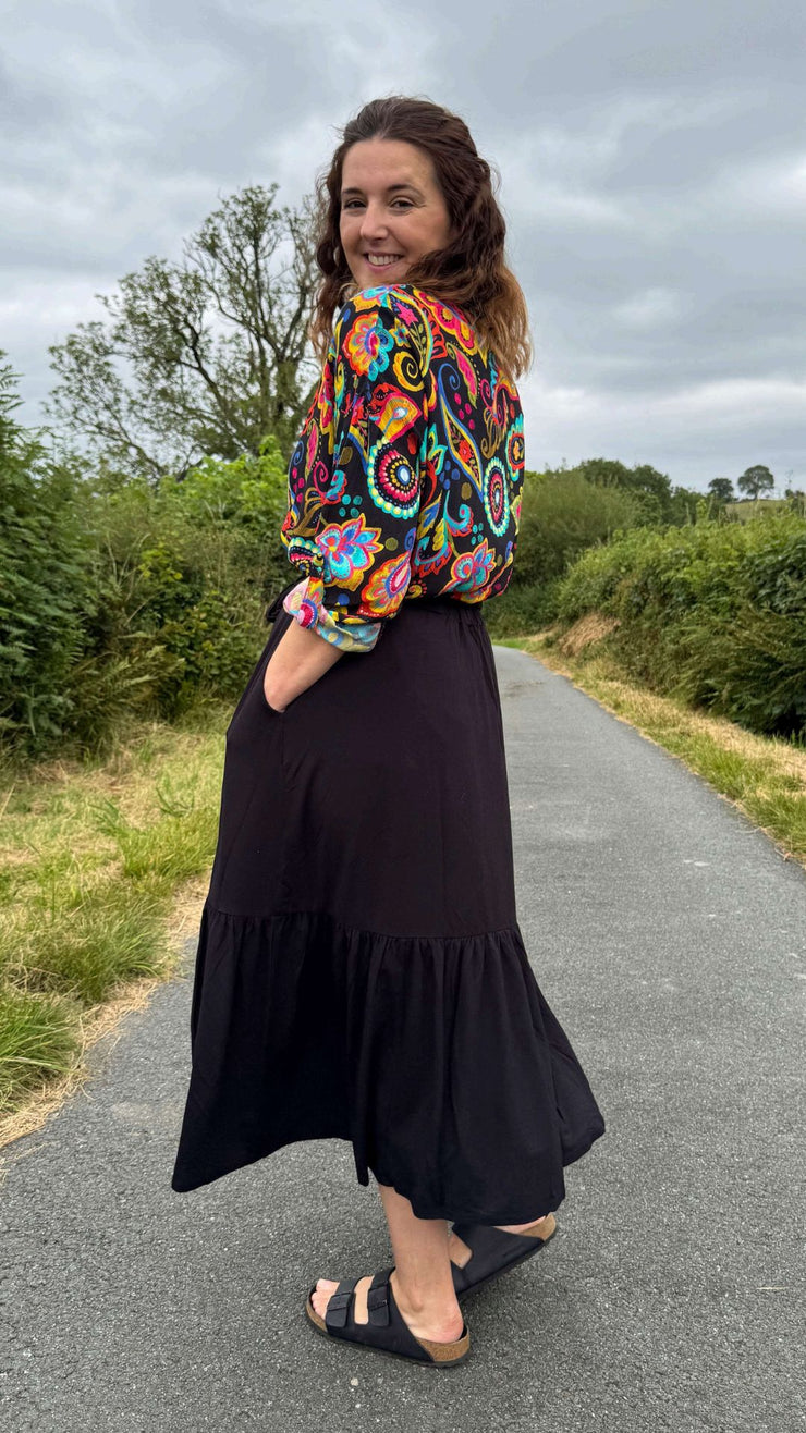 Bina Black Tiered Hem Viscose Midi Skirt