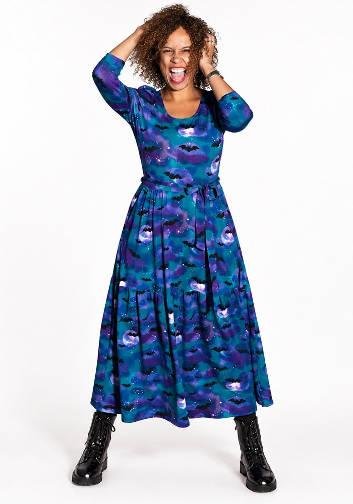 Morgana Purple Bats in the Night Sky Print Cotton Midaxi Dress