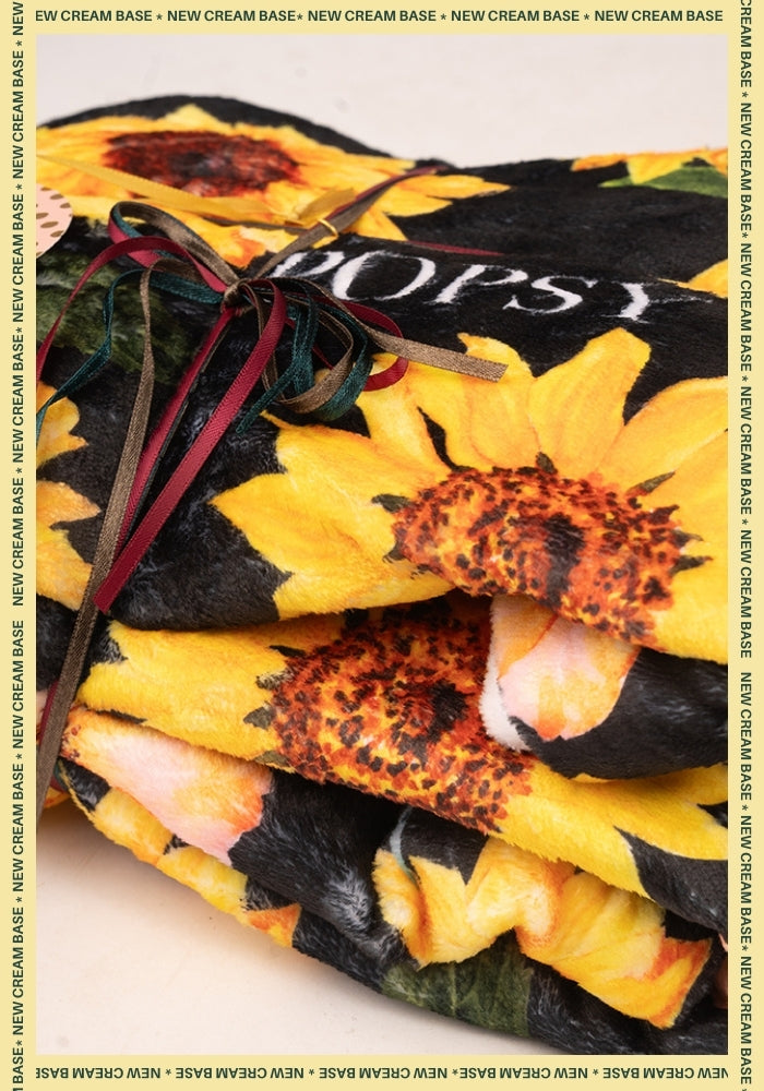 Fourth angle of Black Sunflower Print Plush Throw Blanket (Pop-Under), black sunflower print plush blanket.