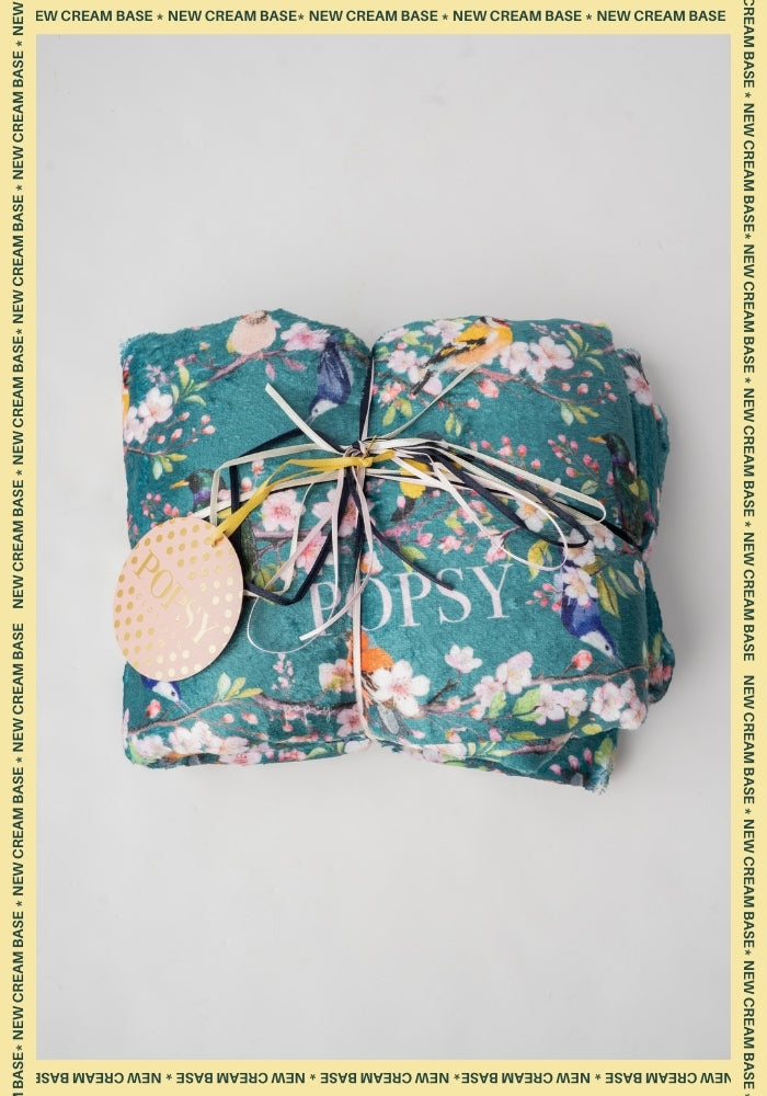 Front view of Pop-under Blossom Birds Print Plush Blanket