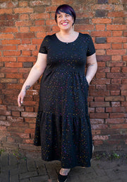 Azana Black Rainbow Pebble Dot Foil Printed Cotton Tiered Hem Midaxi Dress