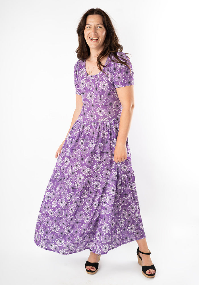 Third angle of Abbi Dandelion Print Tiered Hem Midaxi Dress