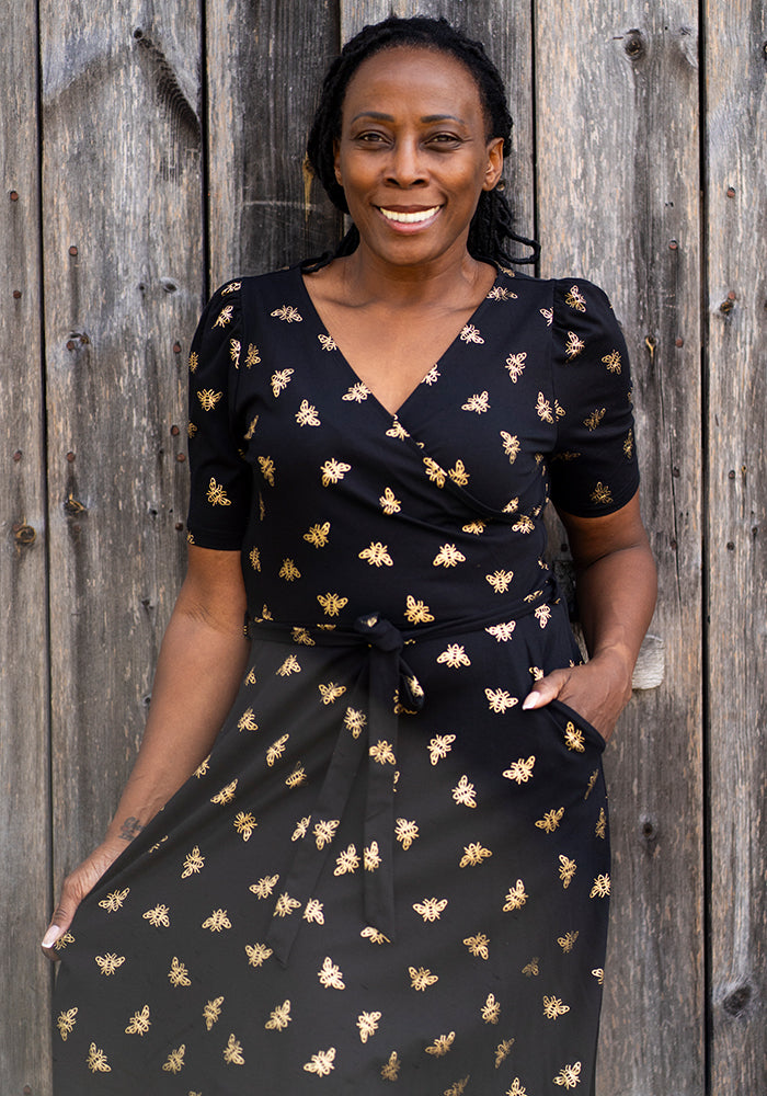 Abertha Gold Foil Bee Print Cotton Dress
