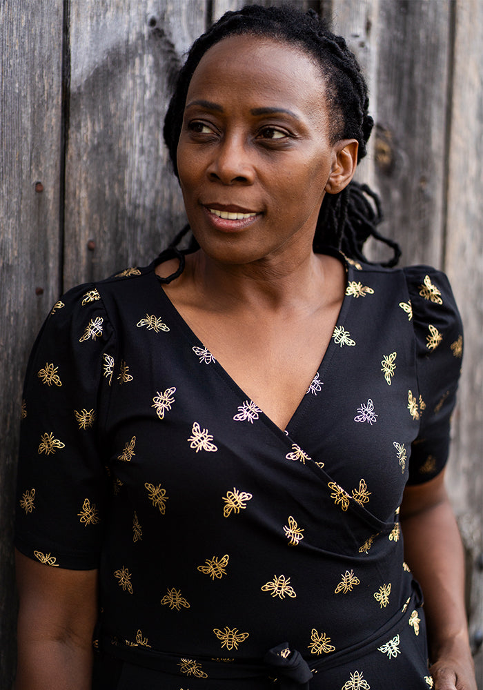 Abertha Gold Foil Bee Print Cotton Dress