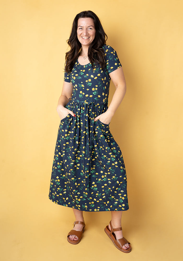 Front view of Abigail Buttercup Print Cotton Midi Dress