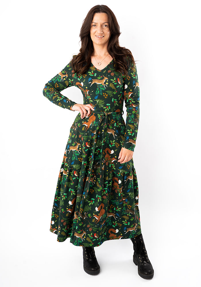 Adalet Winter Woodland Print Cotton Midaxi Dress