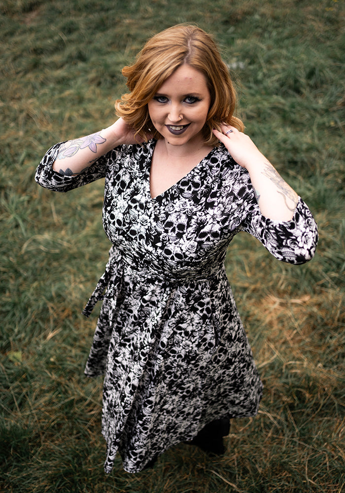 Addams Mono Skull Print Cotton Swing Dress