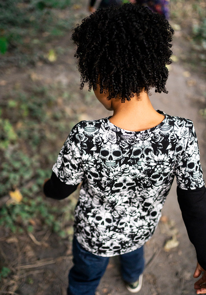 Children's Mono Skull Print Cotton T-Shirt (Addams)