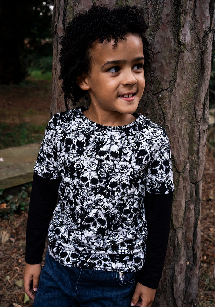 Children's Mono Skull Print Cotton T-Shirt (Addams)