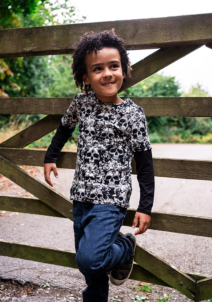 Children's Mono Skull Print Cotton T-Shirt (Addams)