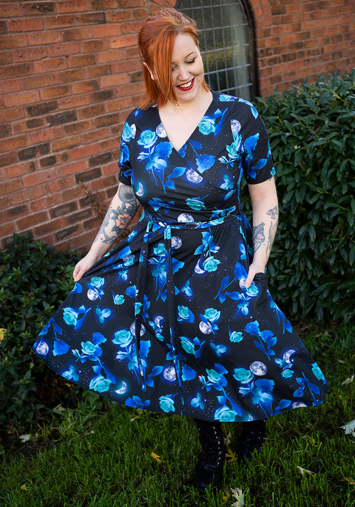 Front view of Adena Moonlit Rose Print Swing Dress