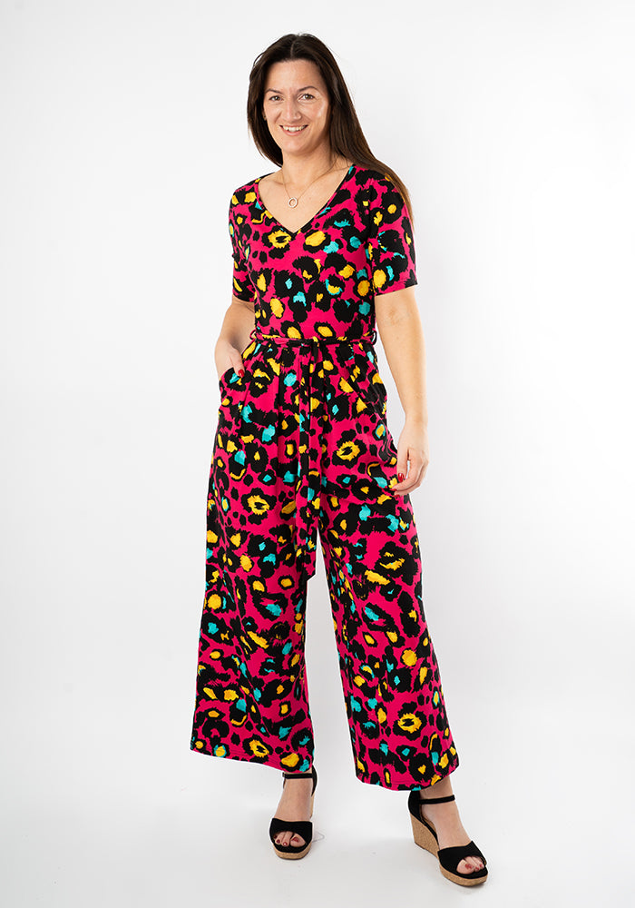 Adele Pink Animal Print Cotton Culotte Leg Jumpsuit