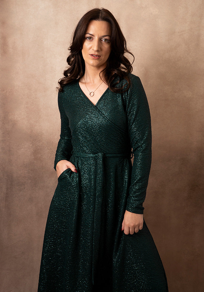 Aelin Bottle Green Foil Midi Dress