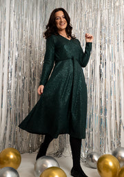 Aelin Bottle Green Foil Midi Dress