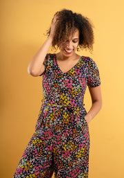 Aggie Black Ditsy Print Viscose Culotte Leg Jumpsuit