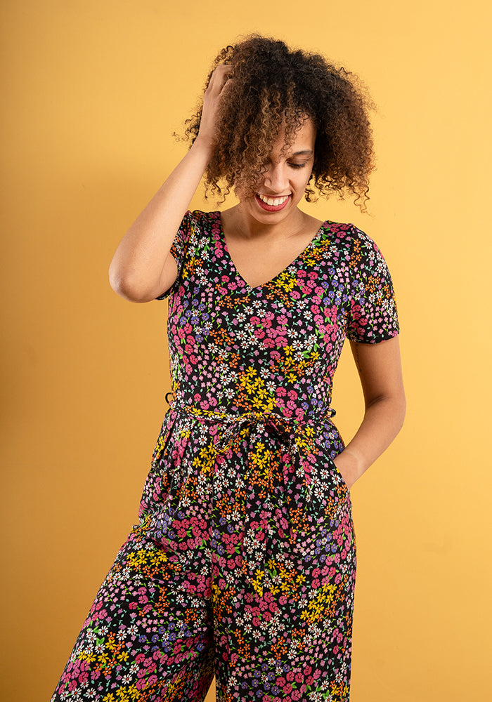 Aggie Black Ditsy Print Viscose Culotte Leg Jumpsuit
